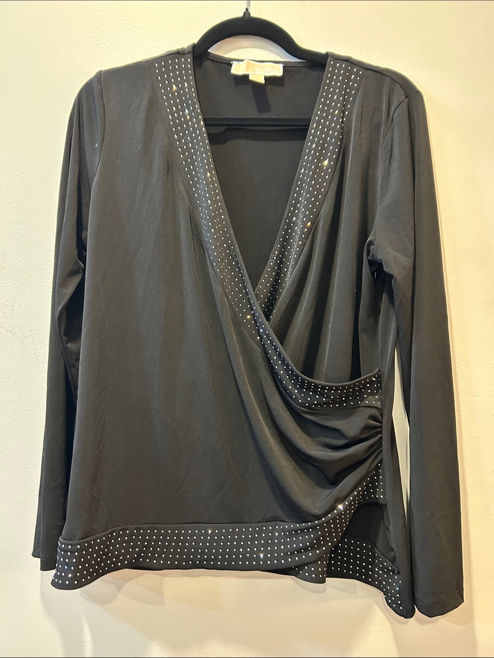 Michael Kors Black Long Sleeve Faux-Wrap Top with Stud Accents